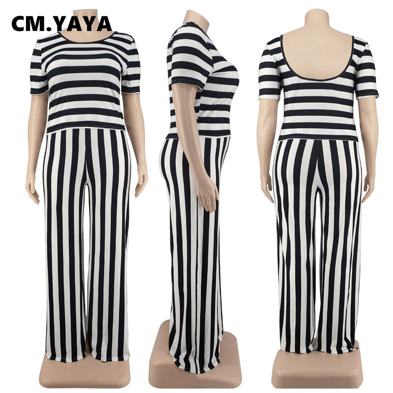 CM.YAYA Women Plus Size Tracksuit Striped Short Sleeve O-neck Tops Wide Leg Loose Pants Two 2 Piece Sets Casual Outfit Summer