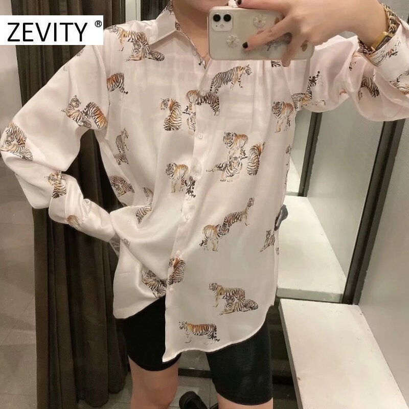 Zevity dames blouse met dierenprint en zakelijk smock, lange mouwen, casual blouses, chique merk chemise tops  ls7134