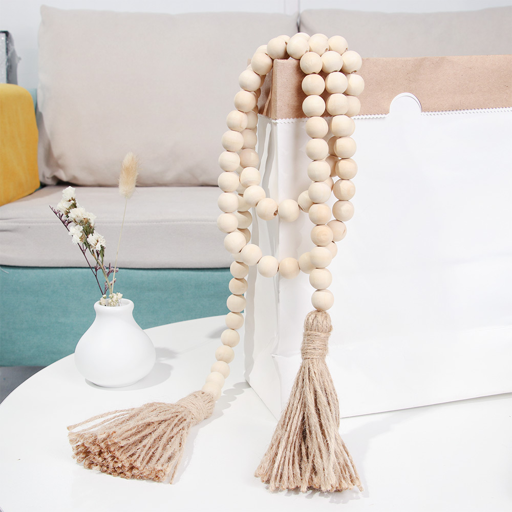 Wood Bead Garland Farmhouse Wall Hanging Home Decor DIY Handmade Garland with Jute Rustic Wall Tassel Bead Ornament Boho