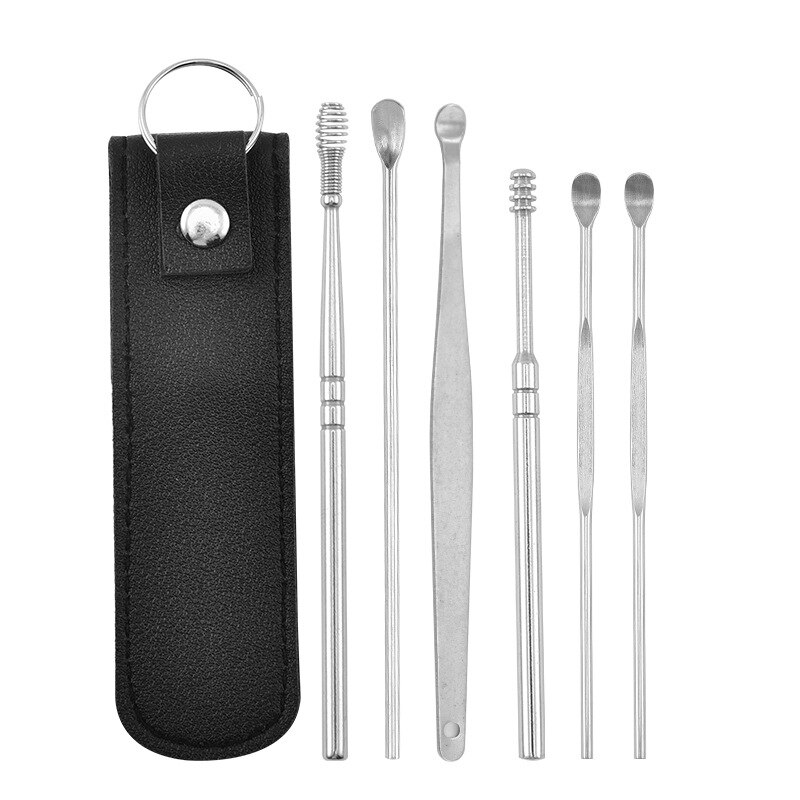 6PCS Ear Wax Remove Tool Ear Pick Cleaning Tools Portable Multi-function Ear Wax Pickers Steel Earpick Wax Remover: Type 1 Black