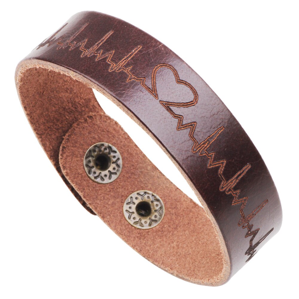Charmsmic heren brede leren armbanden met ecg-hartpatroon voor geliefden, koppels, verjaardagen en bruiloften.