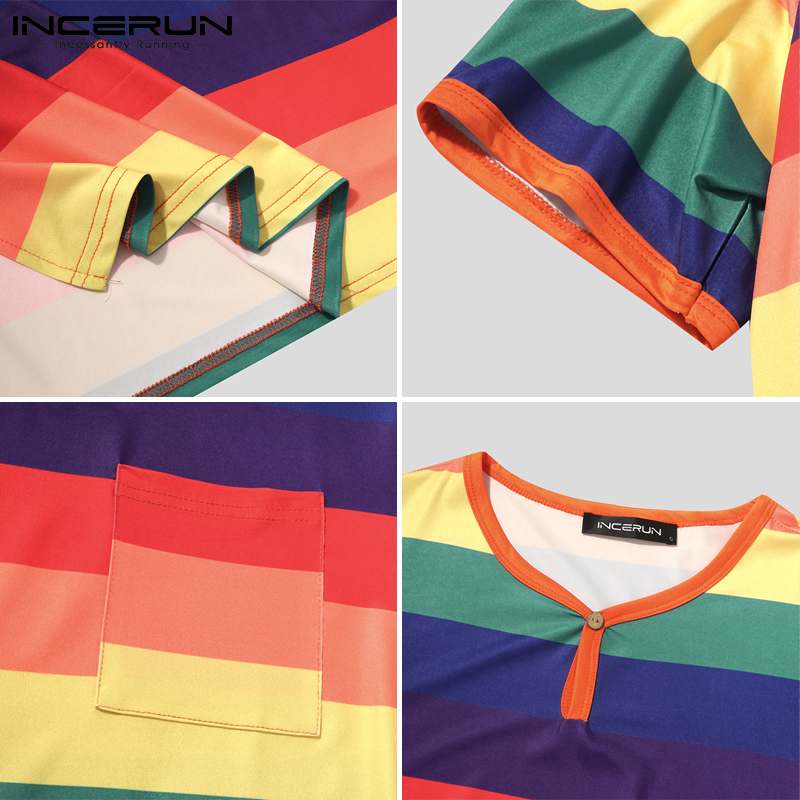 Incerun Mannen Gewaden Kleurrijke Gestreepte O Hals Korte Mouwen Homewear Cozy Leisure Nachtkleding Zomer Heren Badjassen Nachtjapon S-3XL