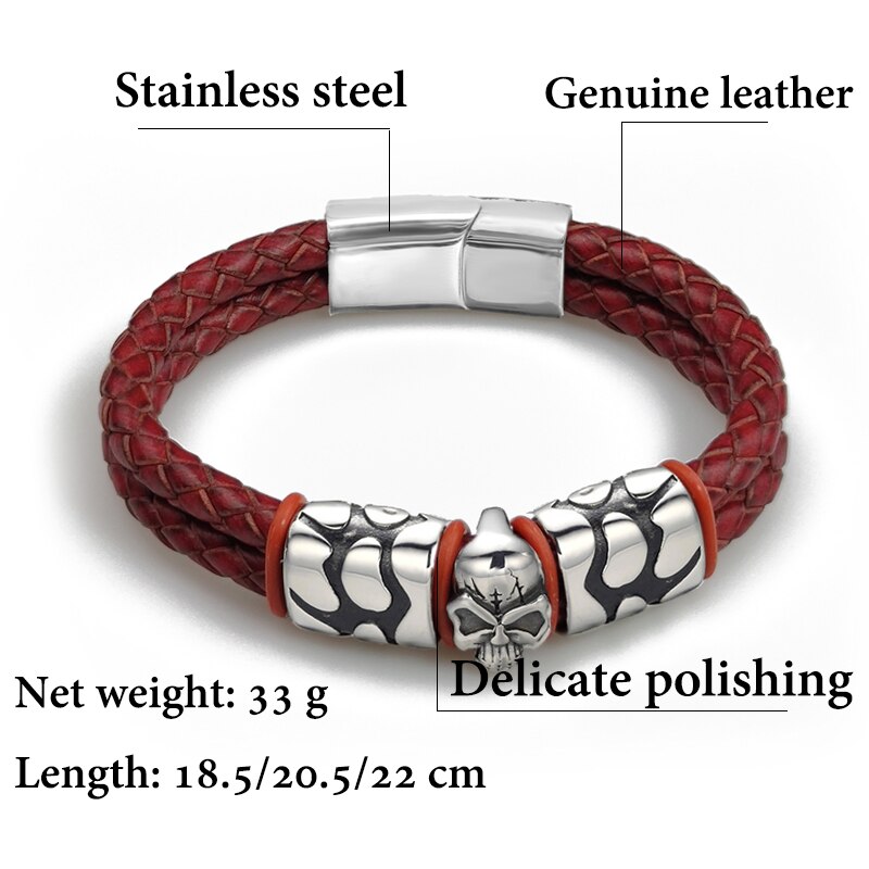 Pop Bohemian Style 316 Stainless Steel Men&#39;s Bracelet Ghost Head Accessories Woven Wine Leather Woman Bracelet 7 Day: clouds red / 18.5cm