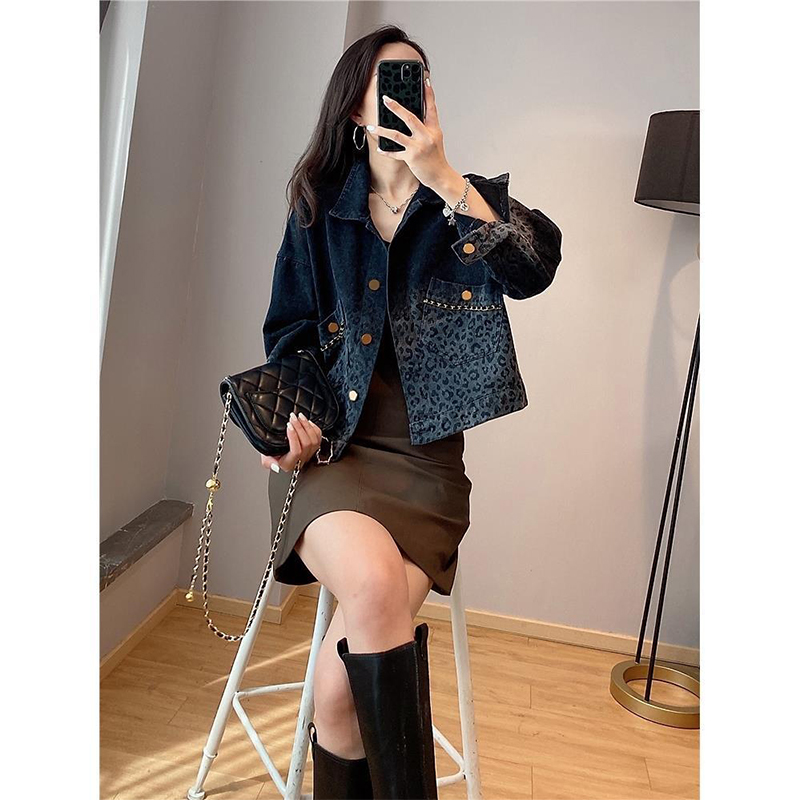Autunno inverno Streetwear Vintage Leopard Print Denim Coat Ladies Harajuku Y2K Casual Fashion All-match Jacket donna Outwear Top