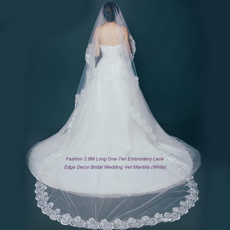 Velo de novia de un nivel con borde de encaje, 2,6 M de largo, velo de boda blanco, velo de la cabeza para novia, accesorios de boda de matrimonio