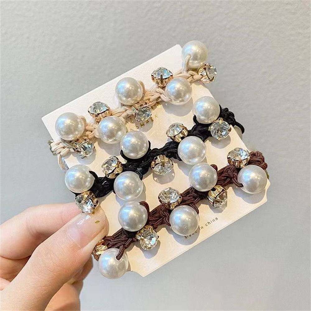 Anillo de pelo de perla para mujer, tocado de intestino de perla de terciopelo negro, diamantes de imitación brillantes para niña, accesorios para el cabello