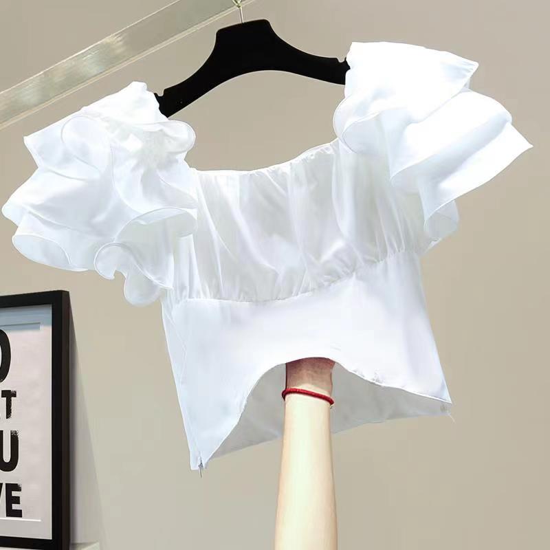 Korea süße sanfte Blusas Sommer neue Rüschen Hemden hohe Taille kurzes Hemd Femme Vierkant ausschnitt Puff ärmel Blusen