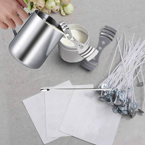 Kit de fabrication de bougies bricolage outils d'artisanat avec bougie faire verser Pot et cuillère, 100 pièces mèches de bougie et bougie mèches autocollant,