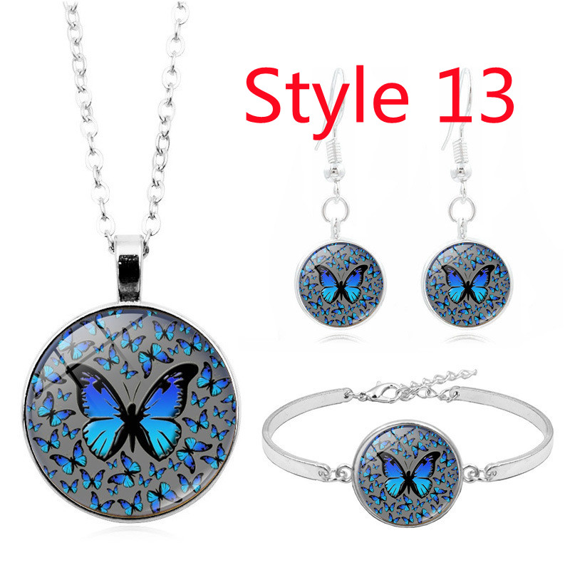 Tegel Sieraden Vlinder Glas Cabochon Ketting Stud Oorbellen Armband Set Totally 4Pcs Boom Celestial Vrouwen Sieraden Set: Style 13
