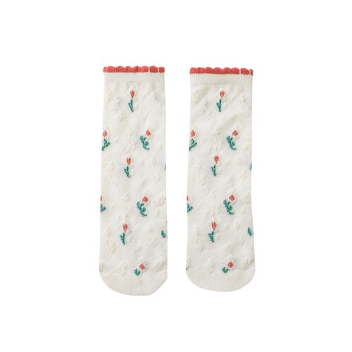 Girls' Pastoral Style Socks 2022 Spring Wavy Edge Three-Dimensional Flower Medium Tube Socks