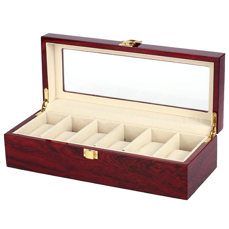 Caja de exhibición de reloj de madera para hombre, organizador de almacenamiento de joyería superior de cristal, , 6
