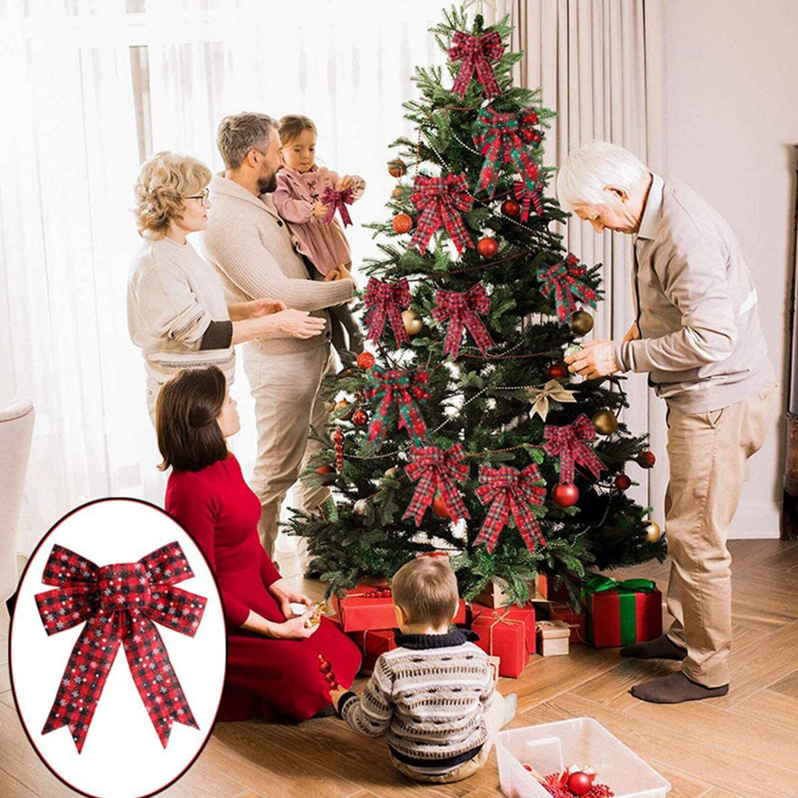 Kerst Rooster Boog Decoratie Met Plaid Patroon Sneeuwvlok Craft Maken Party Ornament Voor Xmas