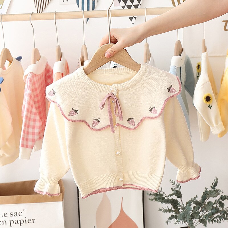 Herfst Winter Baby Meisjes Lange Mouw Aardbei Revers Kraag Truien Trui Kinderen Kids Gebreide Vesten Bovenkleding: Beige / 3T