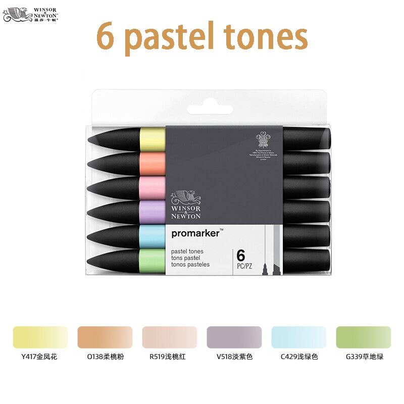 WINSOR &amp; NEWTON Promarker 6/12/24/48/96 Colors Set Twin/ Double Tip Alcohol Based Marker Pens Pro Marker For Artists: 6 pastel