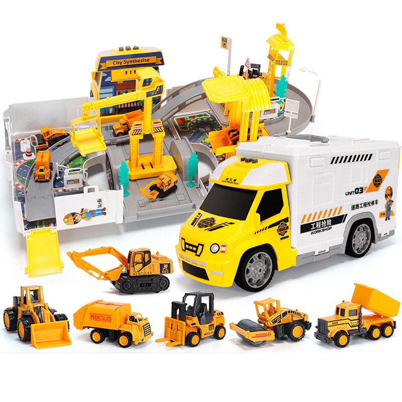 2 in 1 spoorwegracebaan elektrische auto speelgoed parkeerplaats met lichte muziek assembleer container vrachtwagen baan speelgoed voor jongens