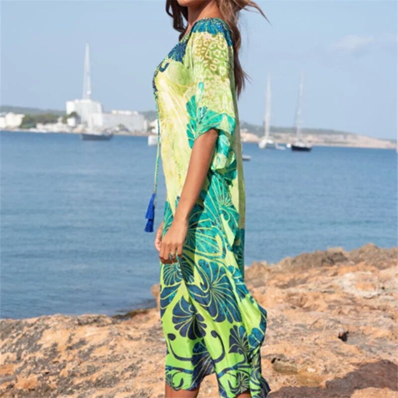 Plus størrelse kaftan Strand tunika kvinner sommer strandtøy badedrakt dekke opp dame bohem strandkjole kappe de plage sarongs pareo