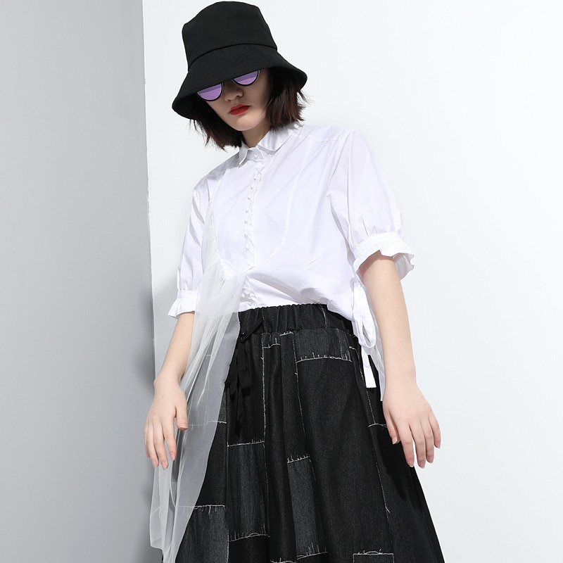 Xitao oregelbunden personlighet mesh mesh sömmar skjorta trend vilda dam toppar och blusar streetwear sommar  xj4473: Vit  xj4473