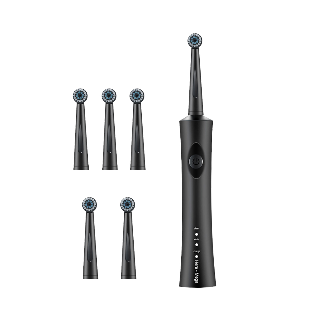 HERE-MEGA Rotating Electric Toothbrush Super Waterproof Cleaning Rechargeable Teeth Power Ultrasonic Sonic Tooth Brush Adult R02: R02 black 6 heads