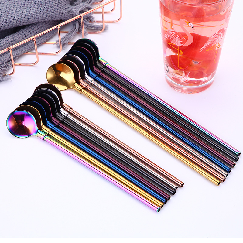 Neue Umweltfreundliche Edelstahl Lange Metall Trinken Stroh mit Löffel Rühren Pinsel Yerba Mate Teelöffel Bar Zubehör