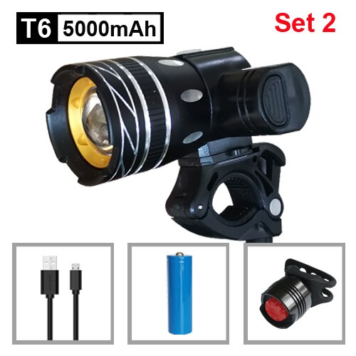 NEWBOLER 800LM Taschenlampe Für Fahrrad T6 Zoom LED Scheinwerfer USB Ladung Fahrrad Front Licht Set Wasserdicht Rücklicht Bike Accessorys: 5000mAh Set 2