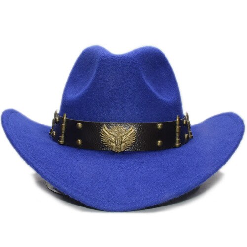 Volwassen wollen fedora's hoeden met leren riem herfst en winter mannen en vrouwen wollen cowboyhoeden grote bolhoed met rand een -152: Blauw / Kinderen 54cm