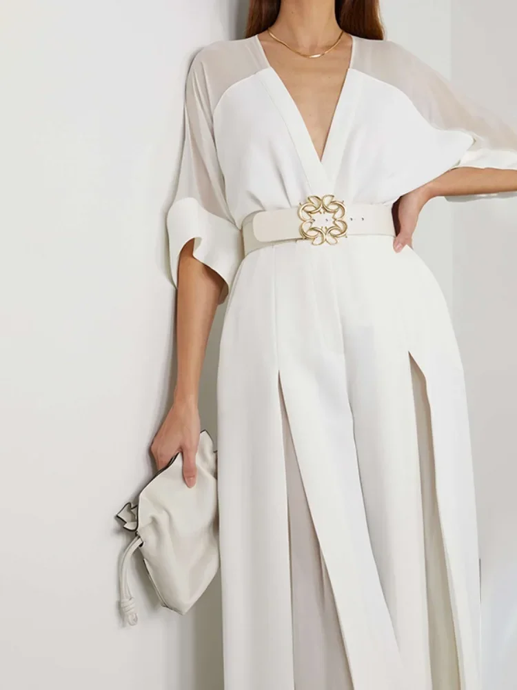 Gymystars gul jumpsuit kvinna lyxiga v-ringade jumpsuits knuten midja hög midja vida ben byxor
