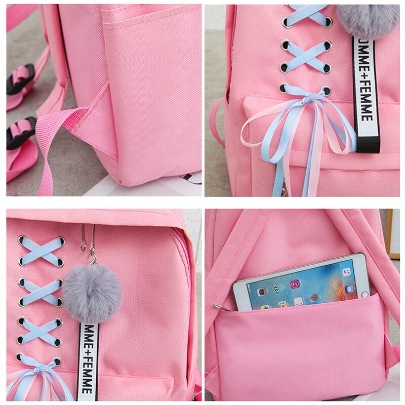 USB Rugzak Vrouwen Canvas 3 stks/set Vrouwen Rugzak Tiener Meisjes Rugzakken Schoudertas Vrouwelijke Student Schooltassen Kwastje