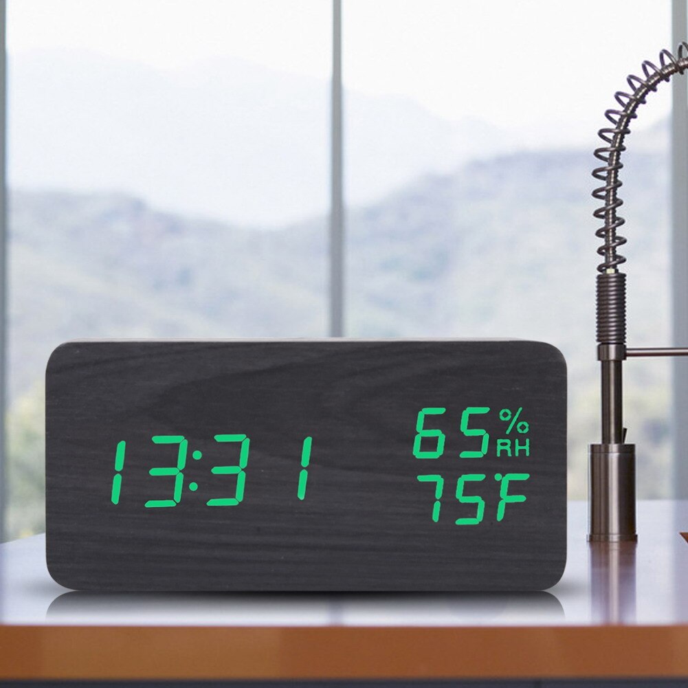 Electronic LED Alarm Clock Sound Voice Control Light Digital LED Time Humidity Display Wooden Desk Alarm Clock