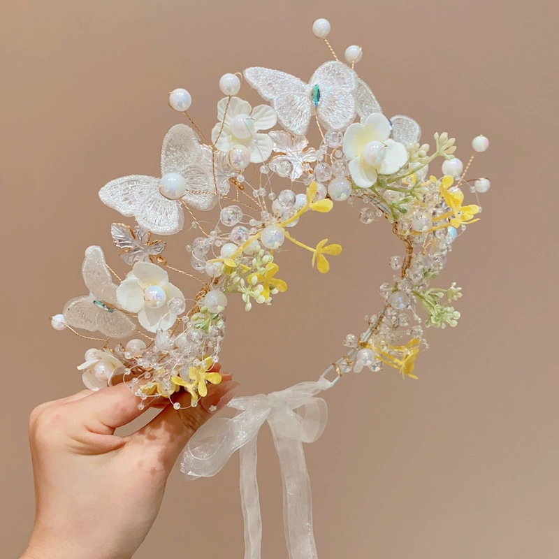 Rosa fjärils-pärlblomma-hårband för flickor, kranshårband för barn, håraccessoarer för fest: Försilvrad
