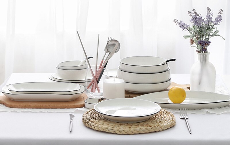 Płyta ceramiczna stek talerz styl skandynawski czarne obramowanie zastawa stołowa miska ins talerze obiadowe wysokiej klasy porcelanowa zastawa stołowa
