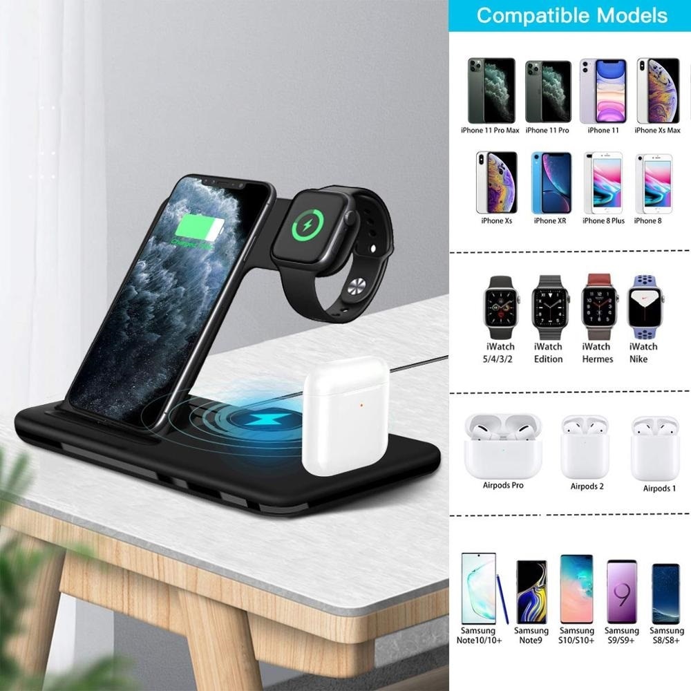 15W Qi Wireless Charger Dock Station For iPhone 12 11 XS XR X 8 Apple Watch 6 5 4 3 2 Airpods Pro 4 in 1 Fast Charging Pad Stand