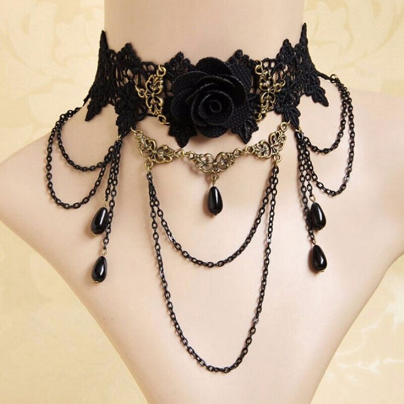 Holle zwarte kanten ketting bloemencirkel kettingen festival feestjurk bal punk rock choker vrouwen nek sieraden