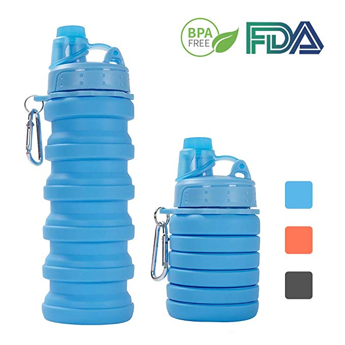 500ml foldbar cykel vandflaske udendørs klatring bærbare sportsflasker krus sammenklappelig flaske silikone med låg bpa fri: Himmelblå