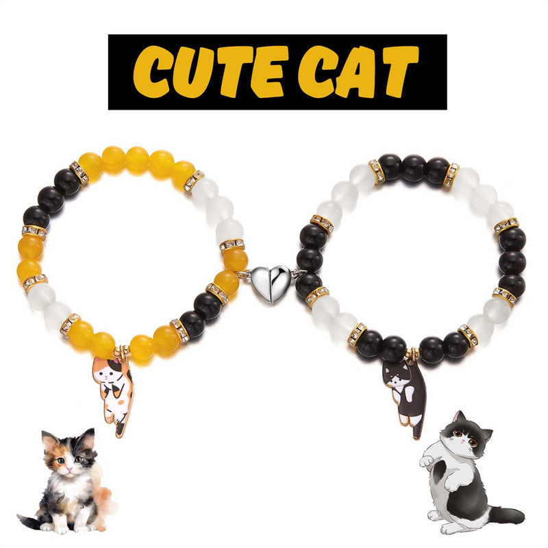 2 uds pulseras magnéticas para parejas amor en forma de corazón atracción a juego gato gatito colgante pulsera mujeres hombres amante joyería de boda: VERMEIL