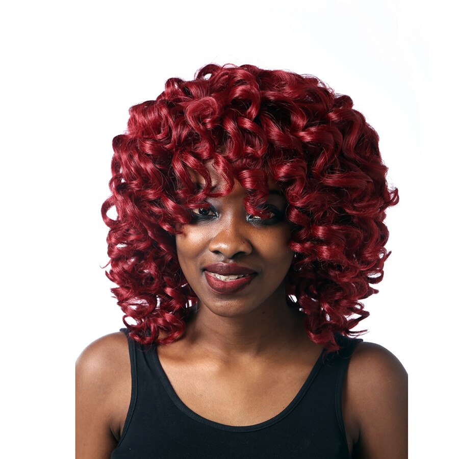 MSIWIGS Afro Red Curly Wigs for Black Women American African Medium Natural Full Synthetic Wig with Bangs Heat Resistant: Default Title