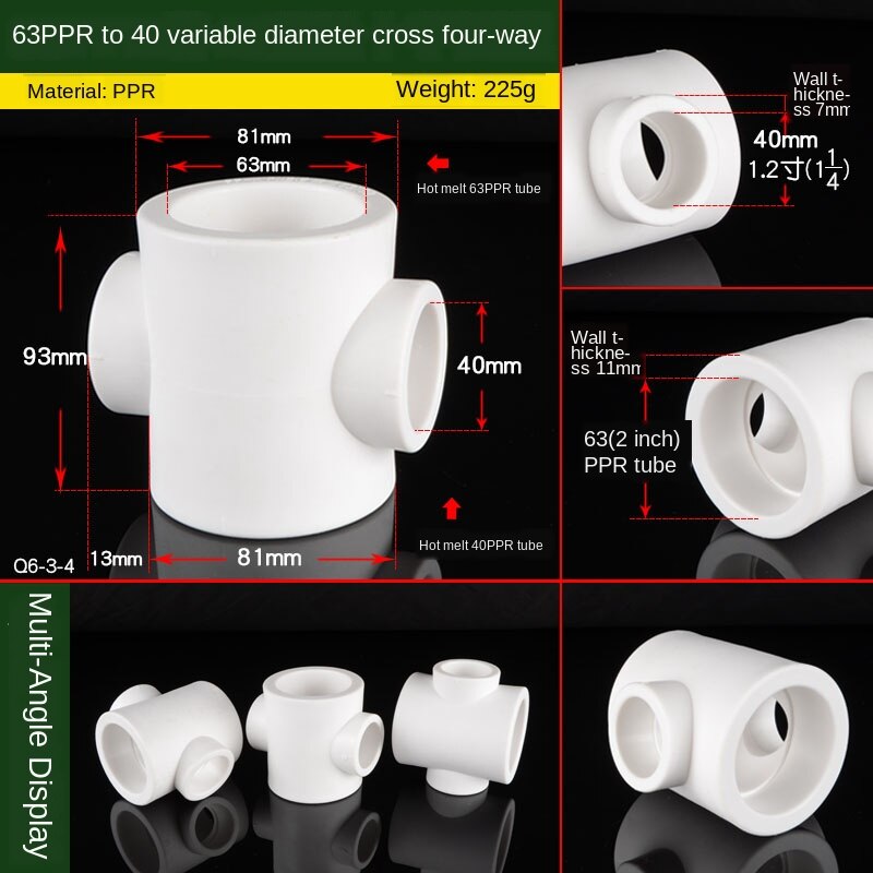 PPR Pipe Variable Diameter Four-way Joint 20/25/32/40/50/63/75 Turn 1/2 Inch 3/4 Inch 1 Inch PPR Water Pipe Fittings: 63-40 Reducer