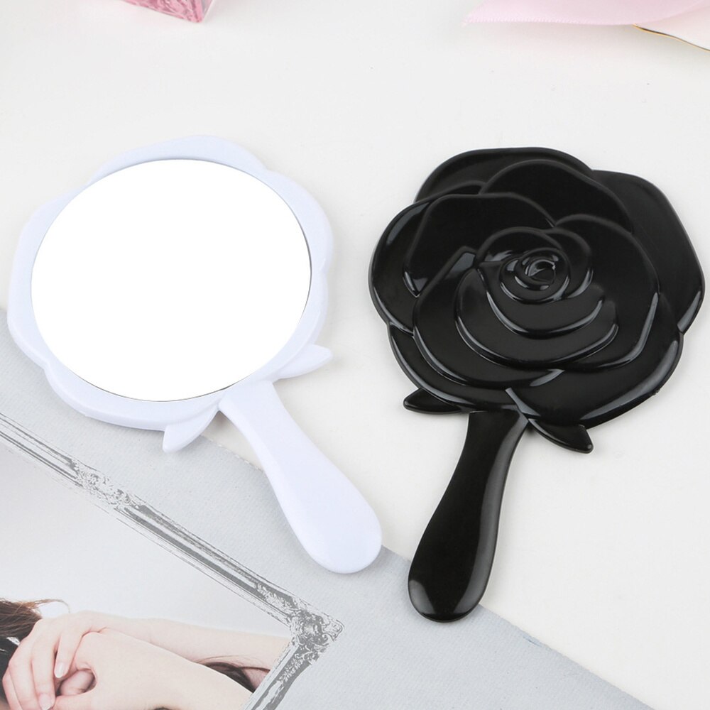 2pcs Travel Handheld Mirror Portable Vanity Mirror Rose Shape Mirror Black White