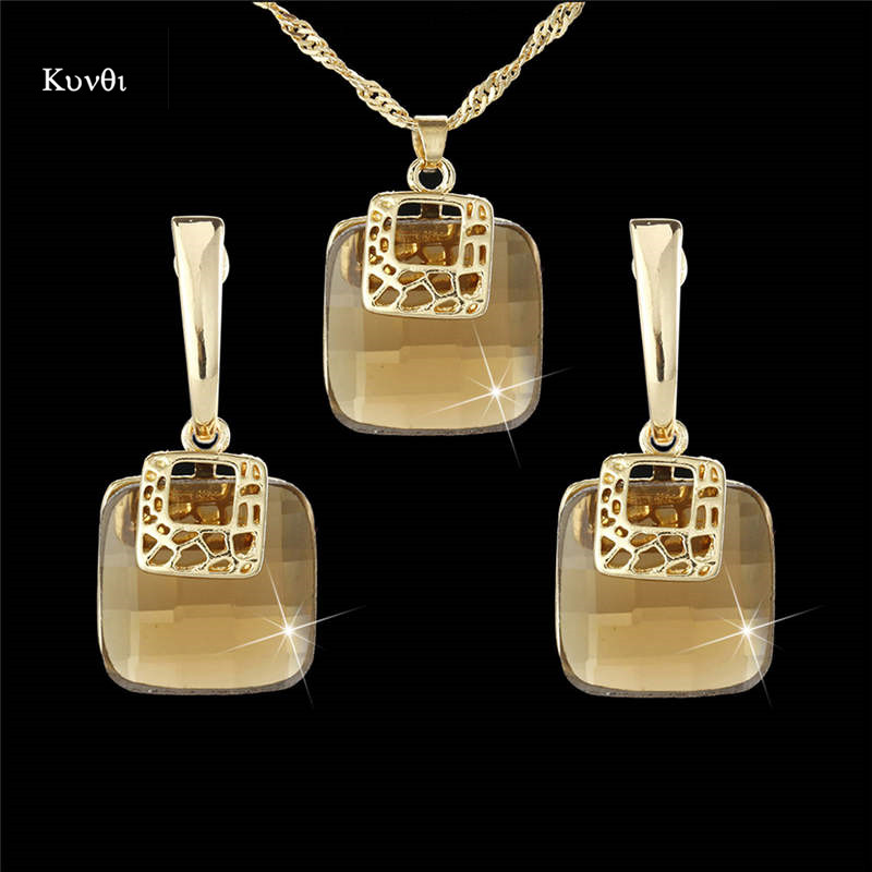 Luxe Gouden Metalen Dubai Sieraden Sets Geometrische Vierkante Champagne Kristallen Oorbellen Hanger Ketting Sets voor Vrouwen