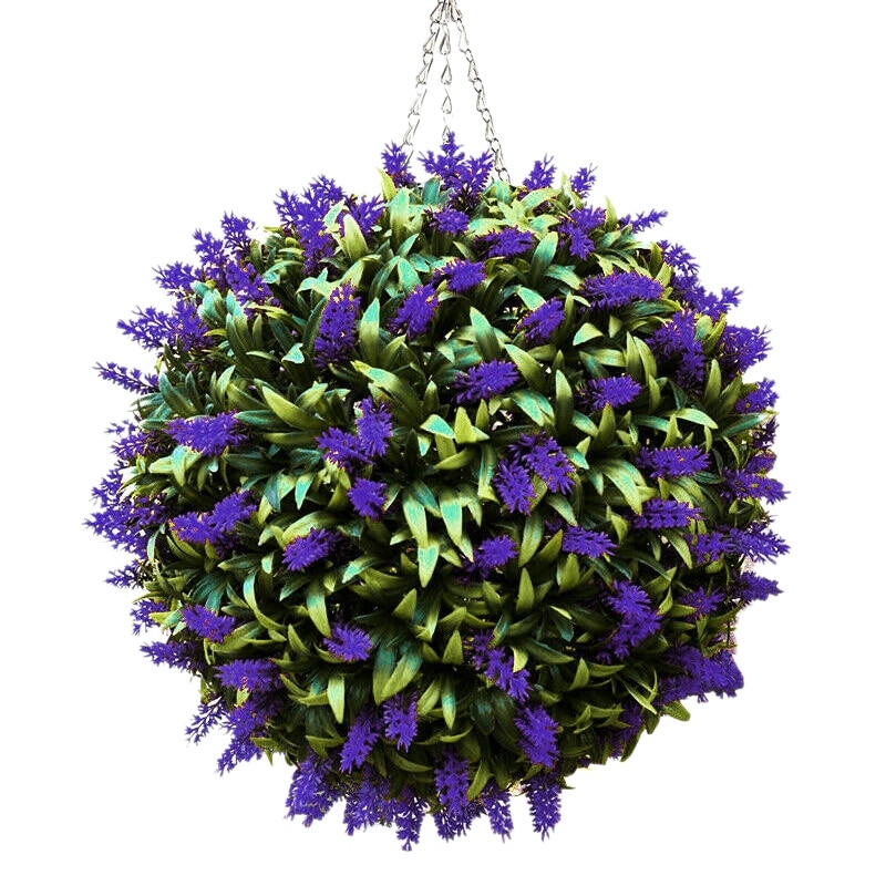 -Artificial Purple Lavender Hanging Topiary Ball Flower Plant Decor Basket Pot 30cm