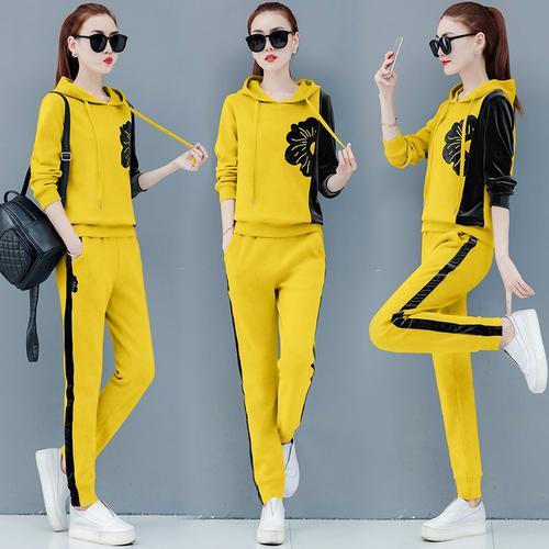 black Velvet Two Piece Set Tracksuit For Women Outfits Plus Large Size Sportswear Hoodies Top Pant Suit Winter Autumn Clothes: Yellow / XXXL