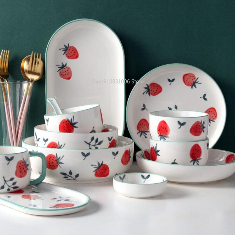 Leuke Aardbei Keuken Keramische Plaat Servies Set Voedsel Gerechten Rijst Steak Salade Noedels Kom Soep Cook Tool 1Pc