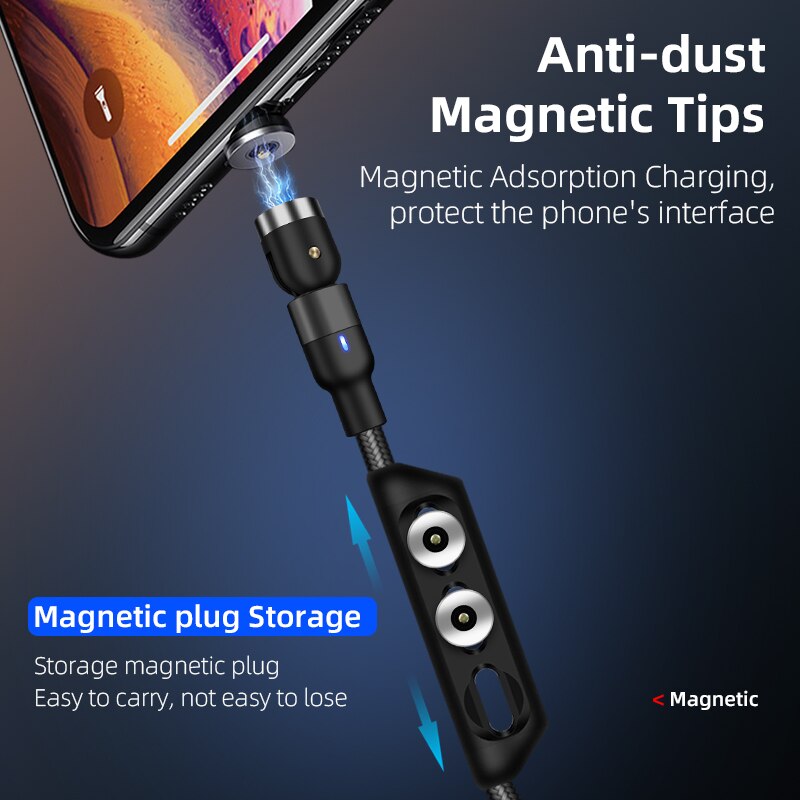 Verbessertes magnetisches schnellladekabel mit 3a micro-usb- und typ-c-anschlüssen für alle samsung- und iphone-modelle , 360+180 ° drehbar