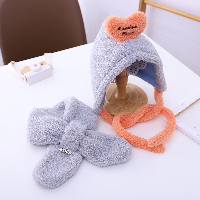 Girl's hat autumn winter ear cap children's scarf hat set foreign style baby lamb cashmere love tie up hat kids hats: 4
