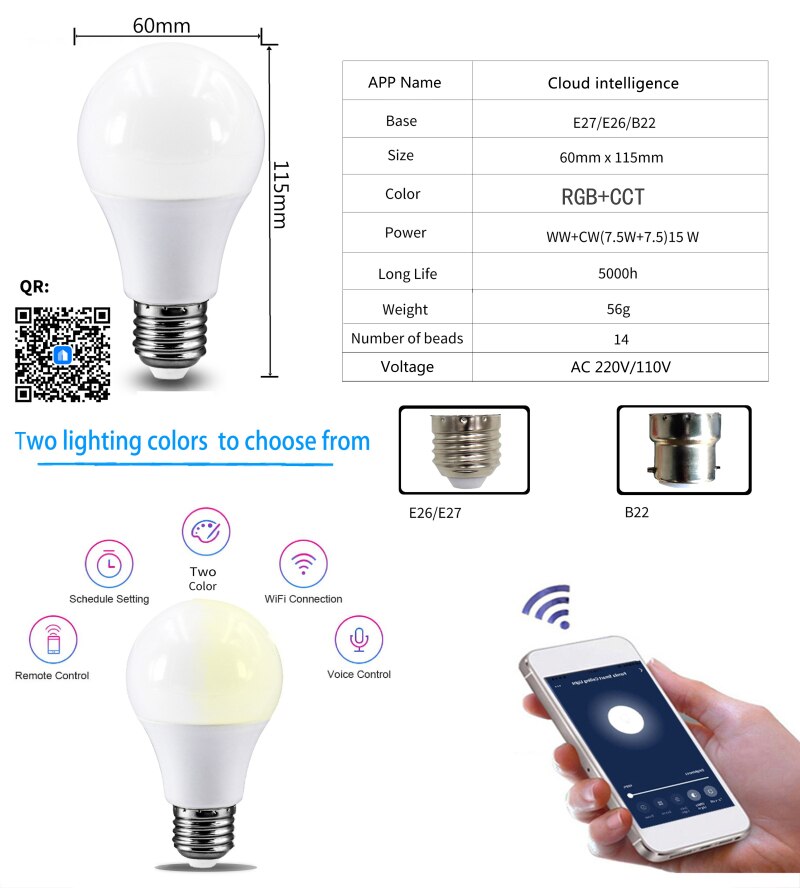 Smart Wifi Led Lamp 15W E27 B22 Led Slimme Lamp Neon Changing Lamp 110-220V siri Voice Control Alexa Google Assistent