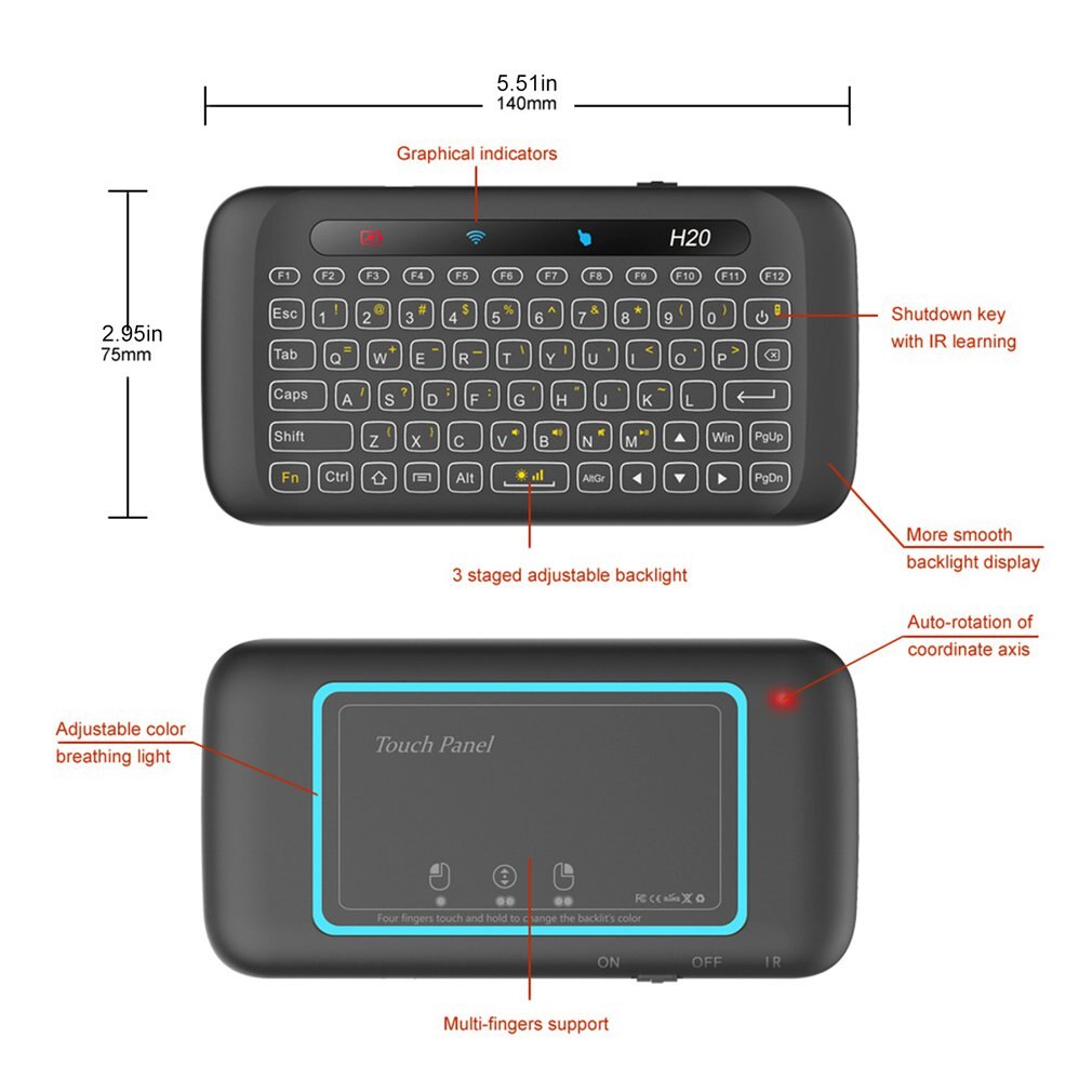 H20 touch double-sided mini wireless keyboard Full screen touchpad 3 staged adjustable backlight Auto-rotation