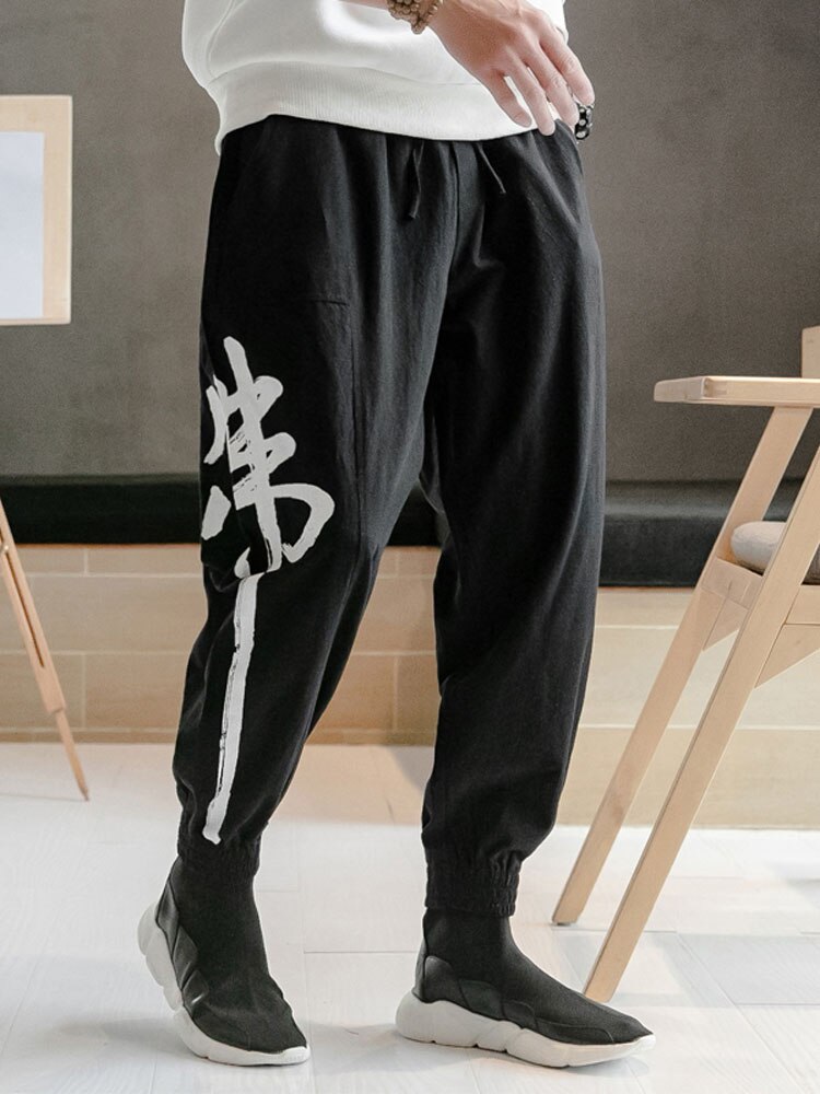 Japon Corée Style Coton Lin Kanji Monk Impression décontracté Harem Pantalons Taille Élastique En Vrac