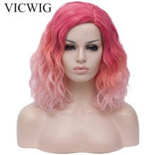 Vicwig Cosplay Pruik Blauw Roze Paars Krullend Gradient Synthetisch Haar Hittebestendige Korte Pruik