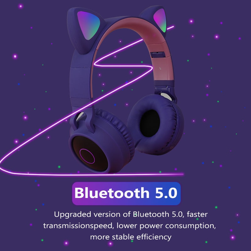 Leuke Kat Bluetooth 5.0 Headset Draadloze Hifi Muziek Stereo Bass Hoofdtelefoon LED Licht Mobiele Telefoons Meisje Dochter Headset Voor PC