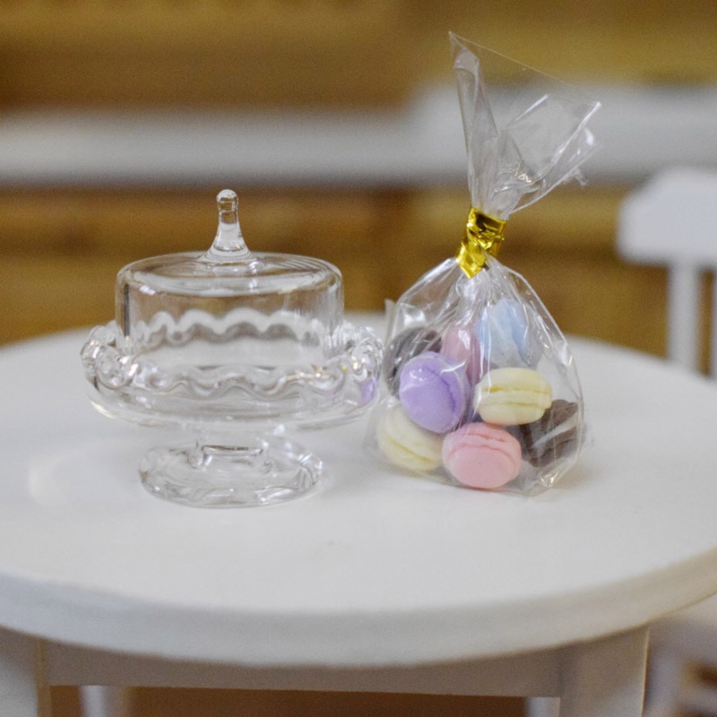 1:12 Scale Cute Mini Pretend Play Macaron with Glass Dish Dollhouse Miniture Food Kitchen Decoration Accessories Toy
