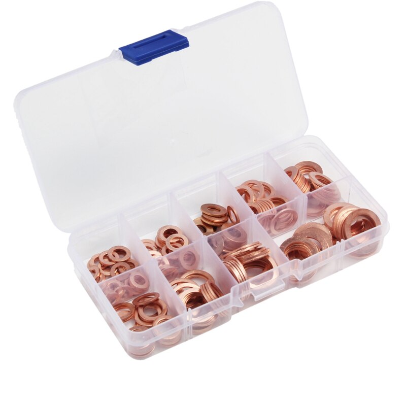 200Pcs 9 Sizes Copper Washers Assorted Solid Copper Gasket Washers Sealing Ring Set Hardware Kit M5/6/8/10/12/14 with Plastic Ca